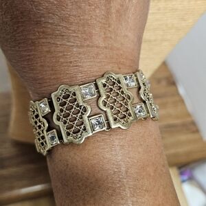 Vintage KF (Kirk's Folley) Gold-tone Mesh Panel Bracelet with Crystal Accents